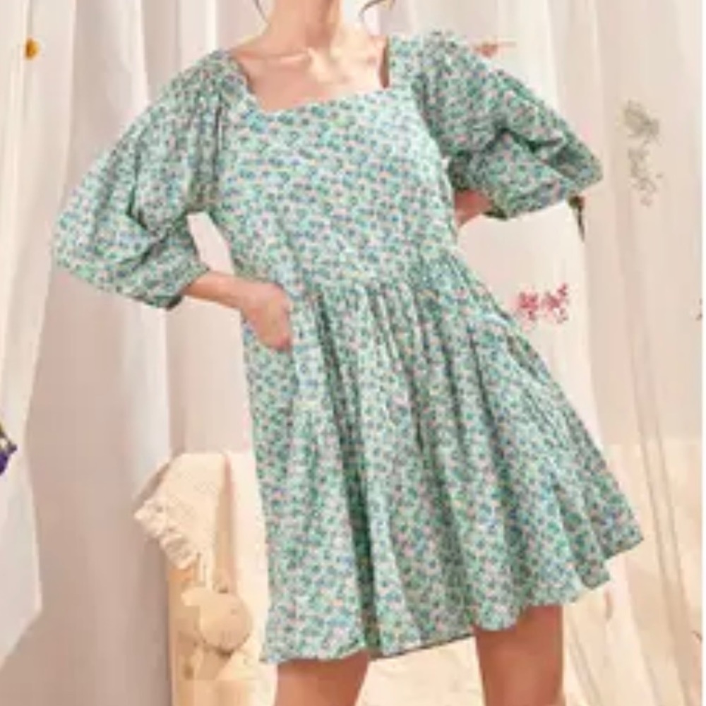 Floral Puff-Sleeve Square-Neck Mini Dress